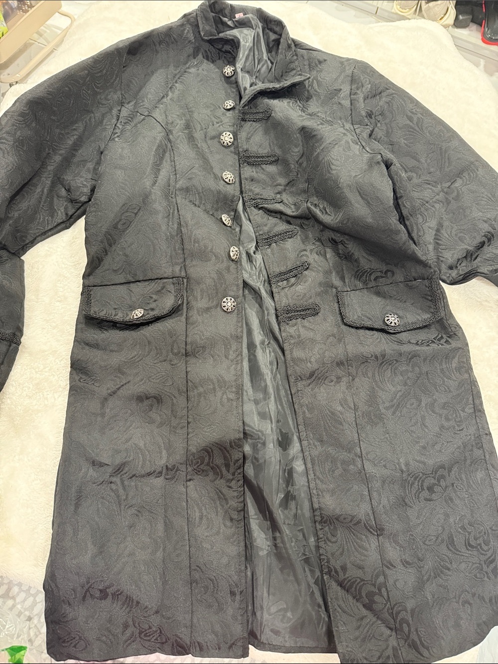 Black Brocade Long Coat with Decorative Buttons